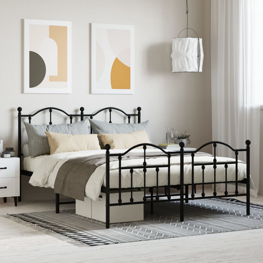 Metal Bed Frame with Headboard and Footboard - Black, Double Size