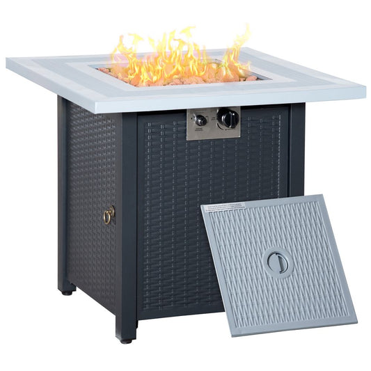 Rattan, Smokeless ,Square Propane Gas Fire Pit, Table with Lava Rocks & Lid